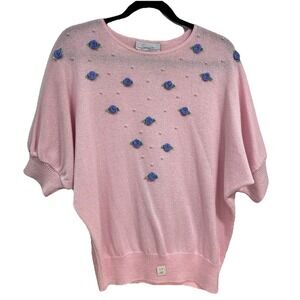 VTG Savion Pullover Sweater Pink 3D Pearl Flower 80s Ballet Coquette Cottage NWT